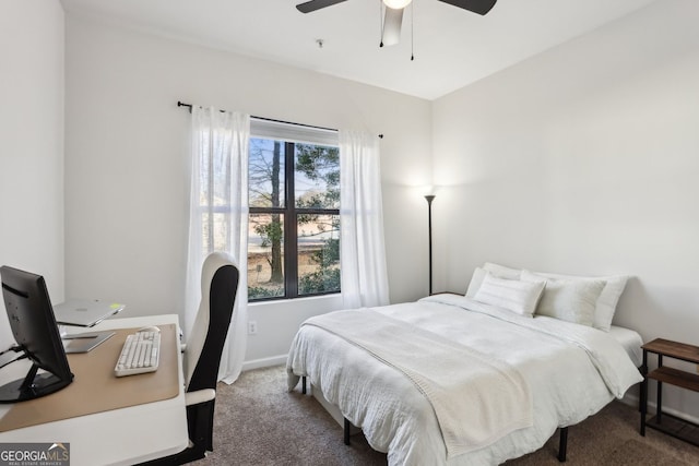 bedroom with carpet flooring, ceiling fan, and baseboards