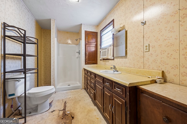 bathroom featuring toilet, cooling unit, a shower stall, wallpapered walls, and vanity