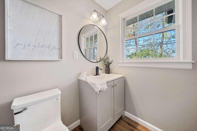 bathroom with toilet, vanity, baseboards, and wood finished floors