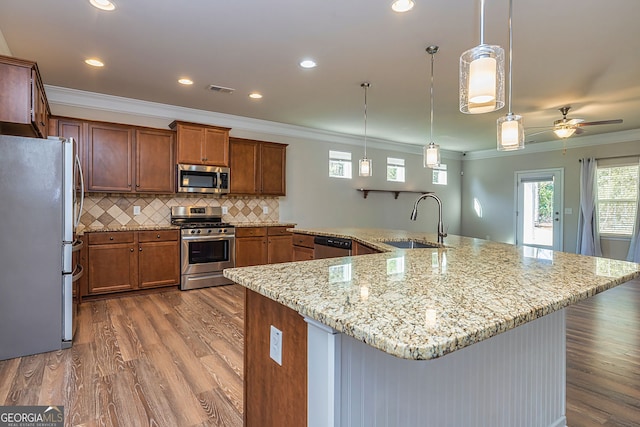kitchen featuring brown cabinetry, dark wood-style floors, ornamental molding, a sink, and appliances with stainless steel finishes