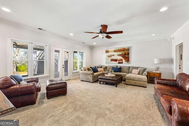 living room featuring visible vents, recessed lighting, crown molding, and carpet