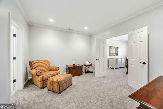 sitting room featuring visible vents, crown molding, baseboards, light colored carpet, and recessed lighting