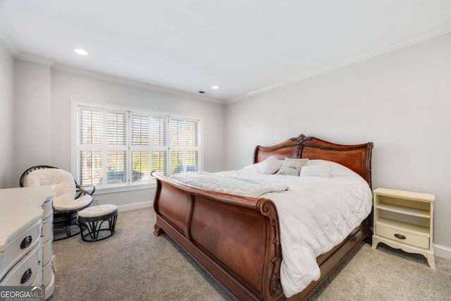 bedroom featuring recessed lighting, baseboards, light carpet, and ornamental molding