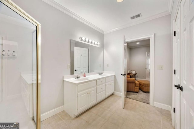 full bathroom with visible vents, baseboards, double vanity, ornamental molding, and a sink