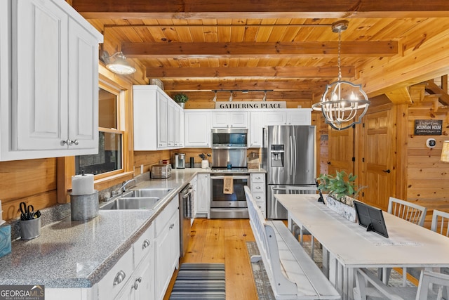 kitchen featuring a notable chandelier, a sink, white cabinetry, stainless steel appliances, and wood ceiling