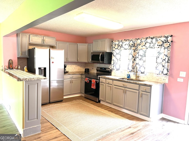 kitchen featuring tasteful backsplash, stainless steel appliances, light wood-style floors, a textured ceiling, and a sink