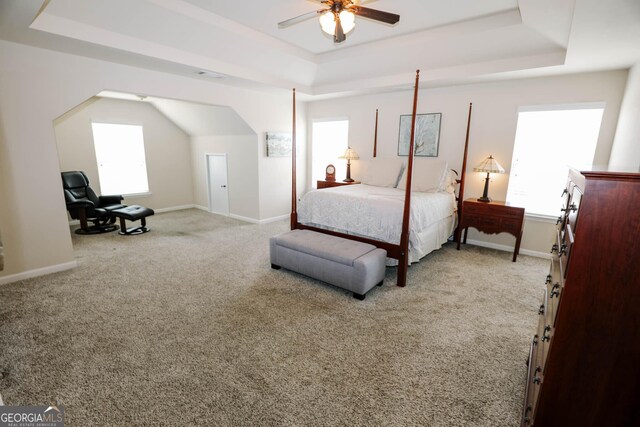 bedroom with a raised ceiling, carpet flooring, visible vents, and baseboards