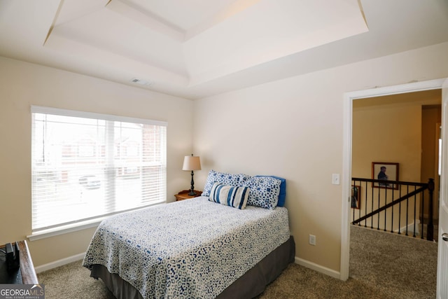 carpeted bedroom featuring a raised ceiling, visible vents, and baseboards