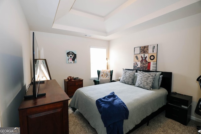 carpeted bedroom featuring a tray ceiling