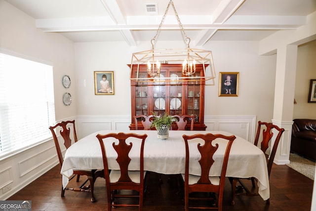 dining room featuring visible vents, beam ceiling, dark wood-style floors, and a wainscoted wall