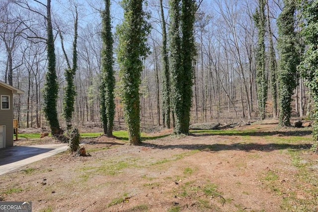 view of yard with an attached garage, a wooded view, and driveway