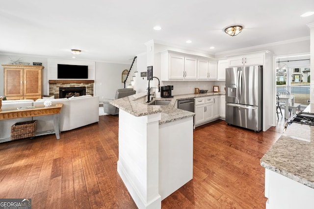 kitchen featuring crown molding, a stone fireplace, a peninsula, stainless steel appliances, and a sink