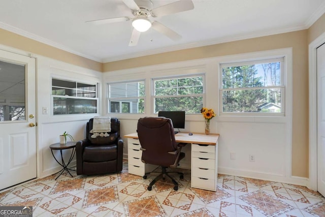 office with baseboards, ornamental molding, and a ceiling fan