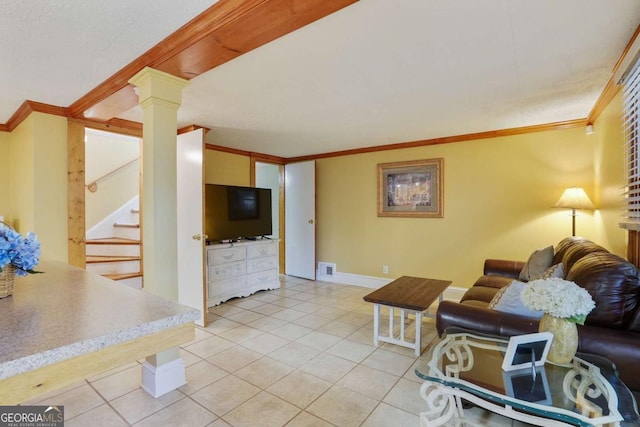 living area with visible vents, baseboards, light tile patterned flooring, ornamental molding, and stairs