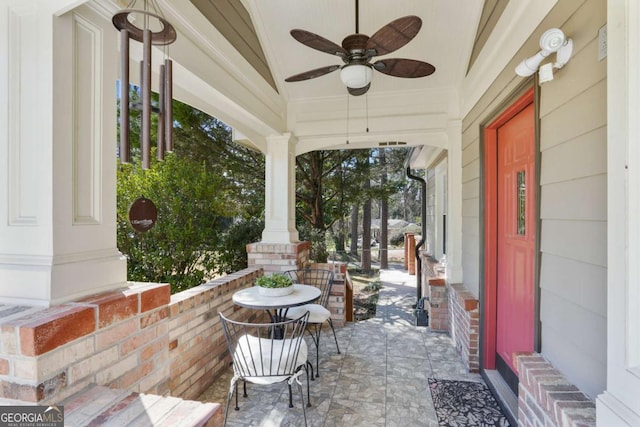 view of patio featuring a ceiling fan and covered porch