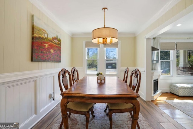 dining room with a wealth of natural light, crown molding, and wood finished floors