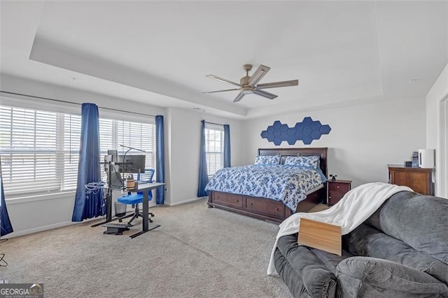 bedroom featuring baseboards, carpet, and a tray ceiling