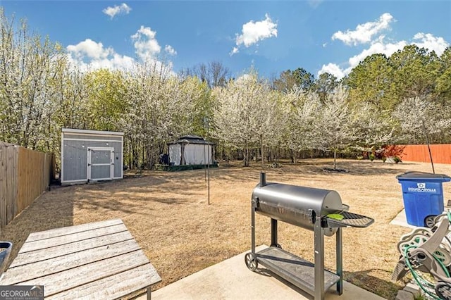 view of yard featuring an outdoor structure, a fenced backyard, and a shed