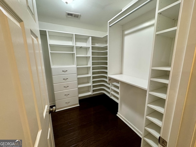 spacious closet with visible vents and dark wood-style floors