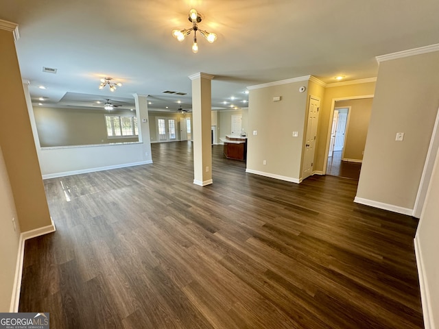 unfurnished living room with baseboards, crown molding, ceiling fan, and decorative columns