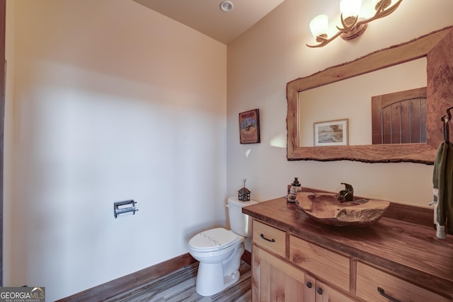 bathroom featuring vanity, toilet, and wood finished floors