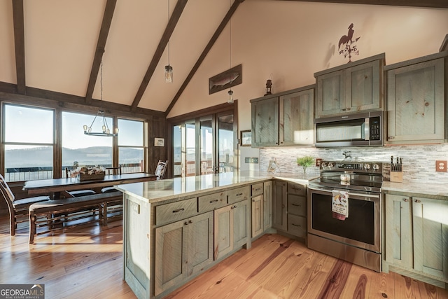 kitchen featuring decorative backsplash, light wood-style flooring, a peninsula, and stainless steel appliances