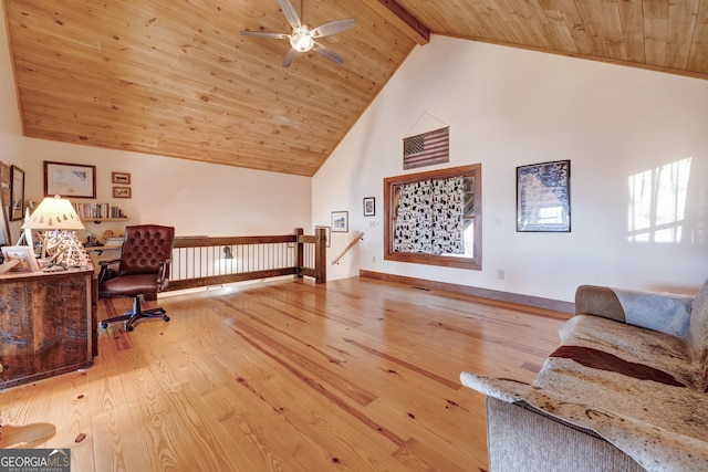 office space featuring ceiling fan, beamed ceiling, wood ceiling, wood finished floors, and high vaulted ceiling