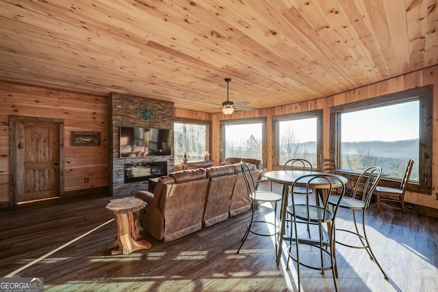 dining area featuring wooden ceiling, wooden walls, a fireplace, and dark wood-style flooring