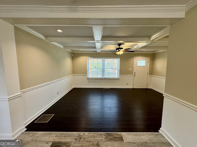 unfurnished room featuring visible vents, beam ceiling, coffered ceiling, wood finished floors, and wainscoting