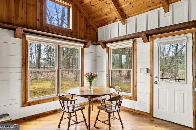 sunroom with lofted ceiling with beams, wood ceiling, and a healthy amount of sunlight