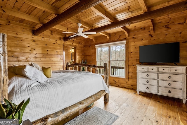 bedroom with light wood-style flooring, wooden walls, wood ceiling, and beamed ceiling