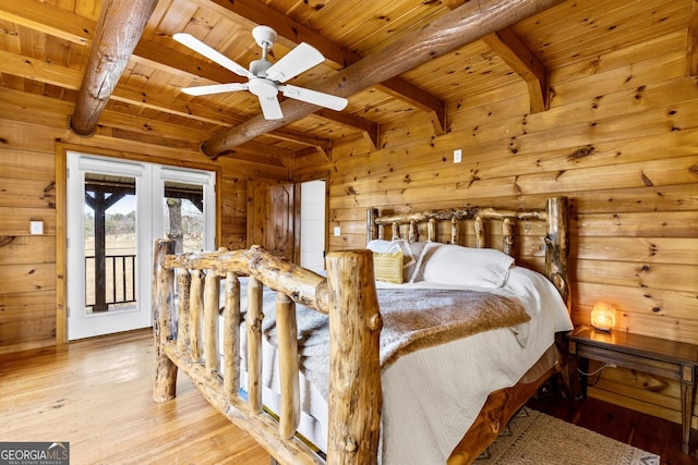 bedroom featuring hardwood / wood-style flooring, wooden walls, wood ceiling, and beam ceiling