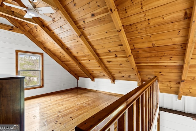 additional living space featuring wood ceiling, wood walls, vaulted ceiling with beams, and light wood finished floors