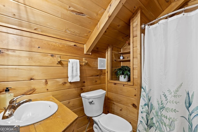 full bathroom featuring toilet, a shower with shower curtain, wood walls, wooden ceiling, and vaulted ceiling with beams