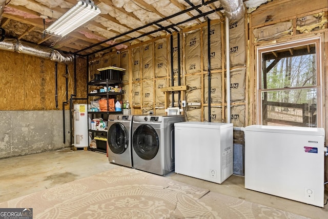 laundry room with washer and dryer, water heater, and laundry area