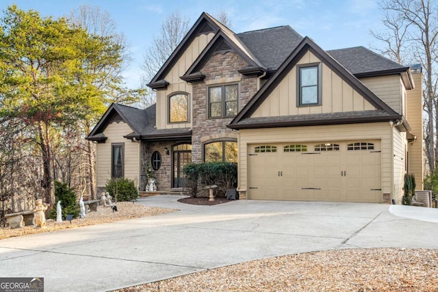 craftsman inspired home with stone siding, board and batten siding, concrete driveway, and a shingled roof