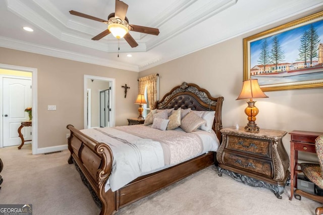 bedroom featuring baseboards, carpet, ornamental molding, recessed lighting, and a raised ceiling