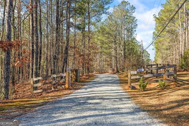 view of road with a wooded view