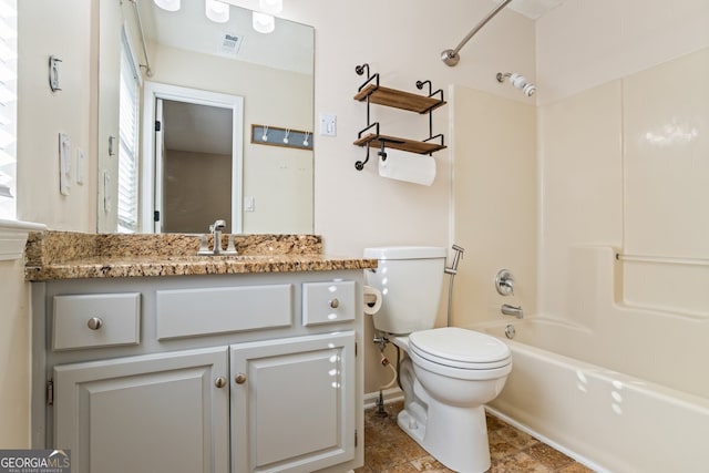 full bath with shower / bathing tub combination, visible vents, toilet, and vanity