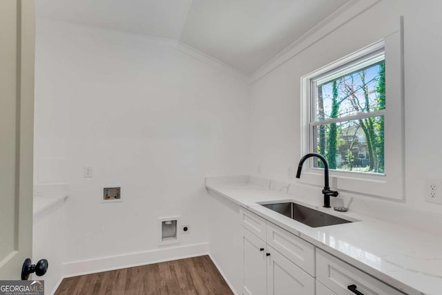 laundry room with washer hookup, ornamental molding, a sink, cabinet space, and hookup for an electric dryer