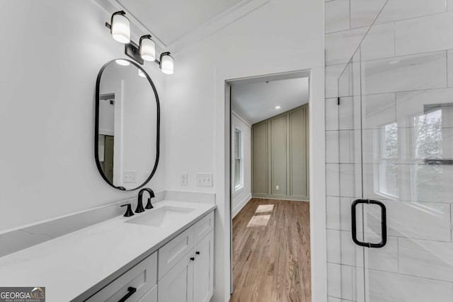 bathroom with a shower stall, wood finished floors, and vanity