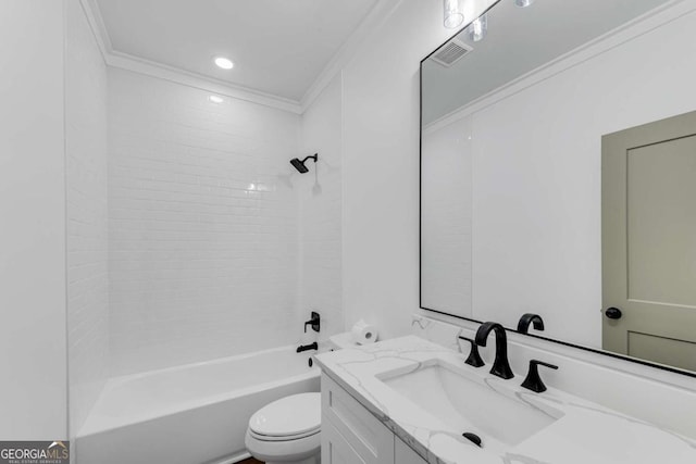 bathroom featuring visible vents, toilet, crown molding, shower / bath combination, and vanity