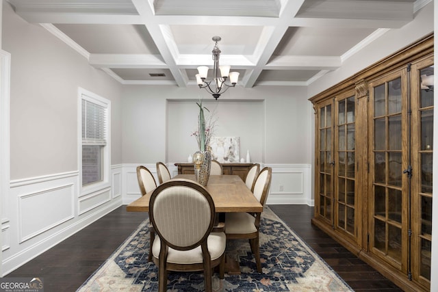 dining space with visible vents, coffered ceiling, an inviting chandelier, beam ceiling, and dark wood-style flooring