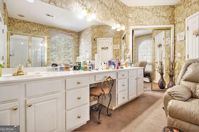 11 Tallulah Ct, Jonesboro, GA 30236 - full bathroom with vanity, a stall shower, and wallpapered walls