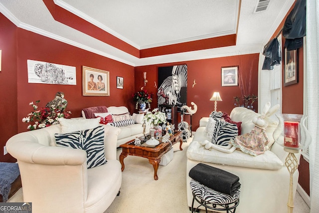 11 Tallulah Ct, Jonesboro, GA 30236 - carpeted living area featuring a tray ceiling and ornamental molding