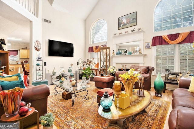 11 Tallulah Ct, Jonesboro, GA 30236 - living room featuring high vaulted ceiling, wood finished floors, plenty of natural light, and a fireplace