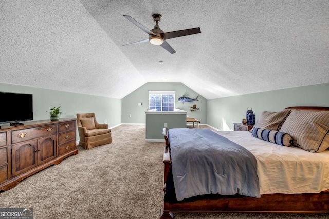 carpeted bedroom featuring ceiling fan, lofted ceiling, baseboards, and a textured ceiling