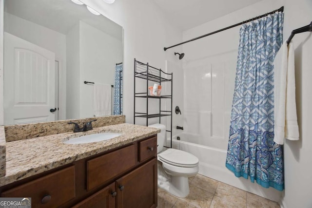 bathroom featuring tile patterned flooring, shower / bath combination with curtain, toilet, and vanity