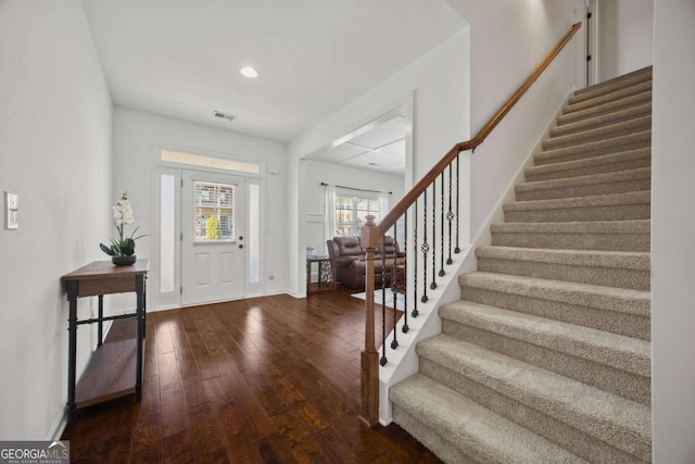 foyer with visible vents, dark wood-style floors, recessed lighting, stairway, and baseboards