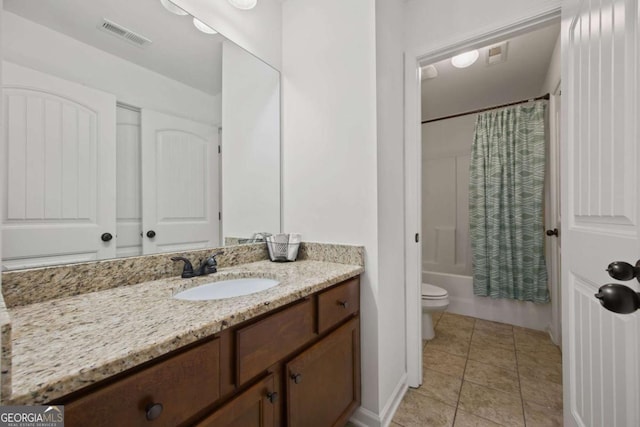 full bath featuring vanity, shower / bathtub combination with curtain, visible vents, tile patterned flooring, and toilet